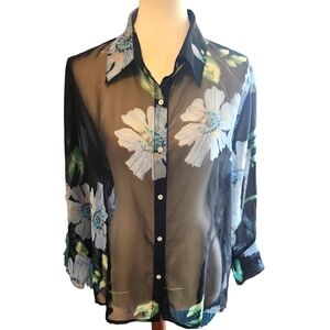 Floral Blouse Black & Blue XL Sheer